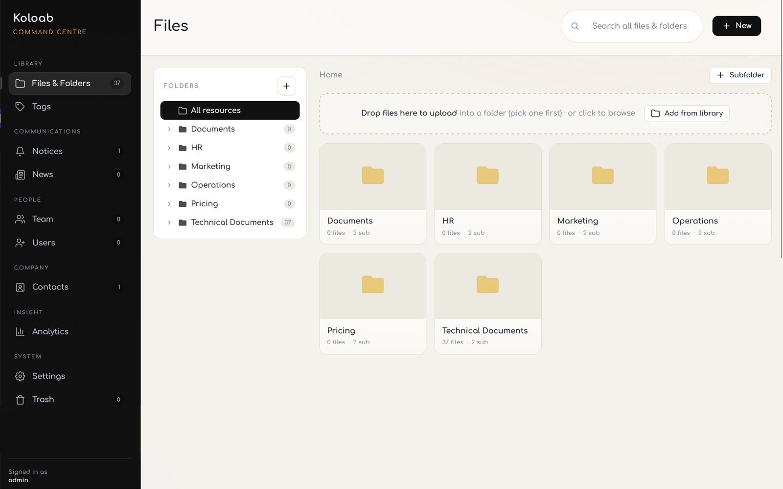 The Koloab Command Centre admin screen