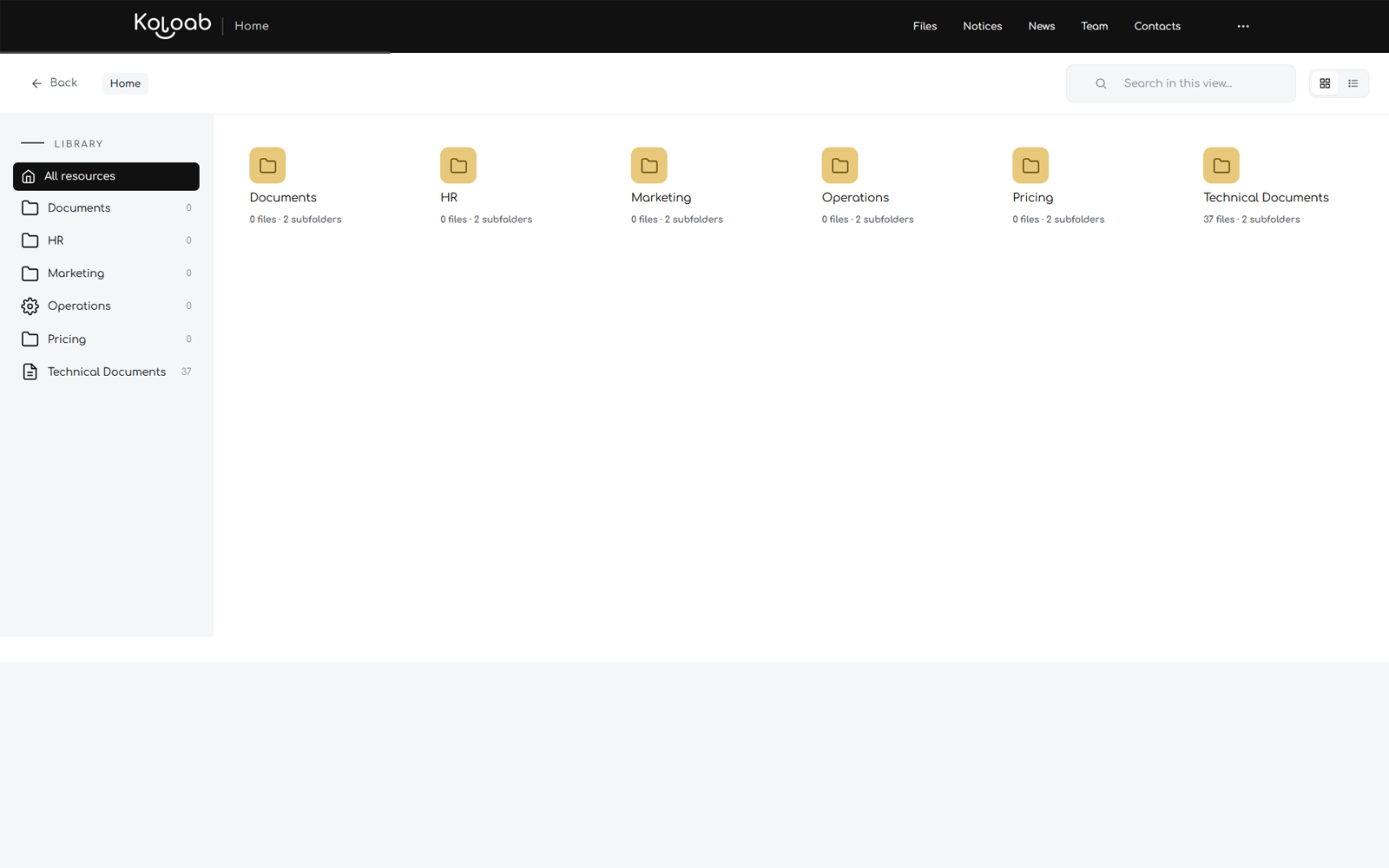 The Koloab file explorer showing a folder tree, file cards with thumbnails and a search box