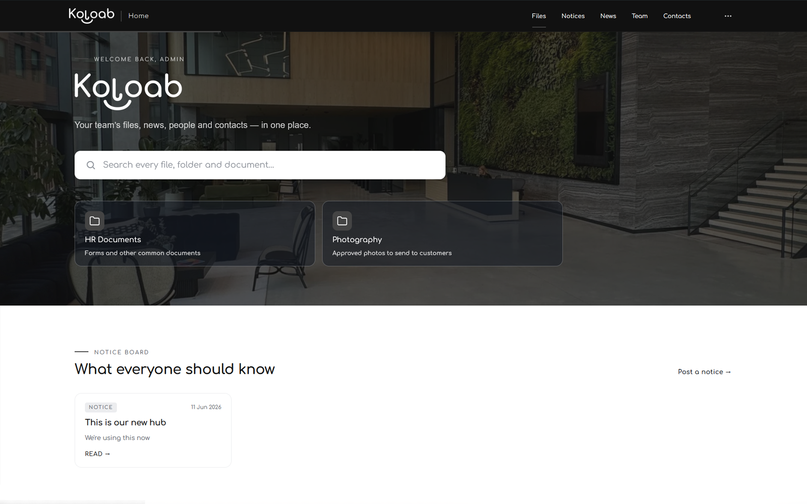 The Koloab staff homepage on a desktop browser