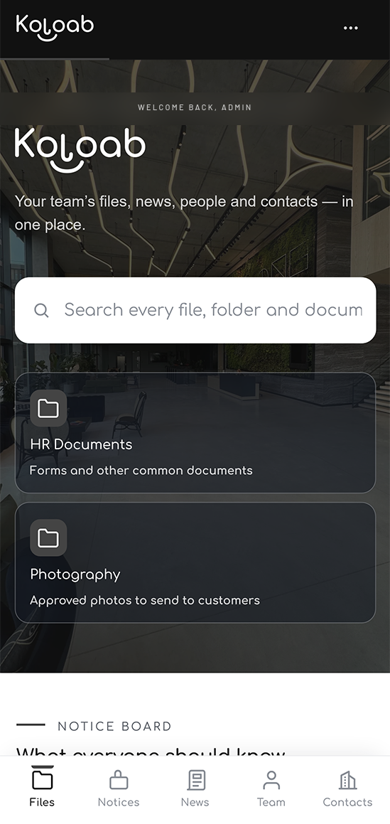 The Koloab homepage on a phone, with a bottom tab bar